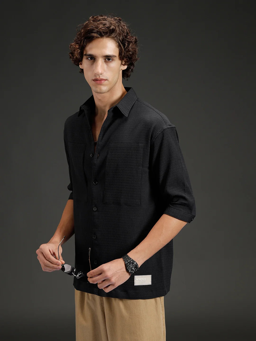 Wrogn Textured Button-Down Casual Shirt | Black