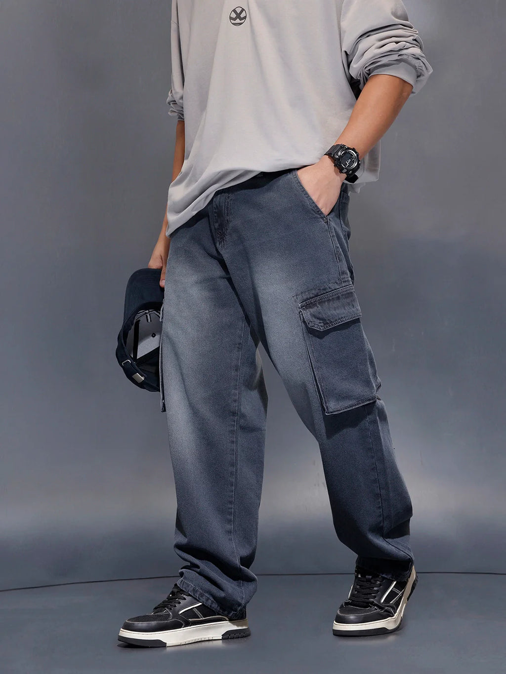 Charcoal loose Fit Cargo Denim | Grey