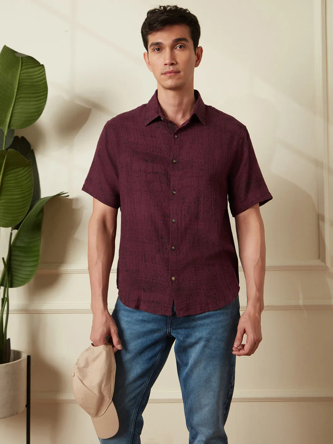Printed Double Cloth Shirt | Maroon
