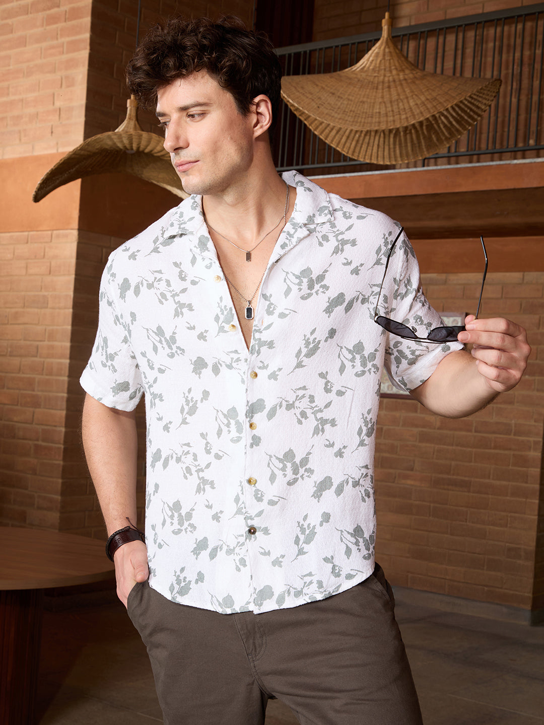 Textured AOP Resort Collar Shirt | Beige