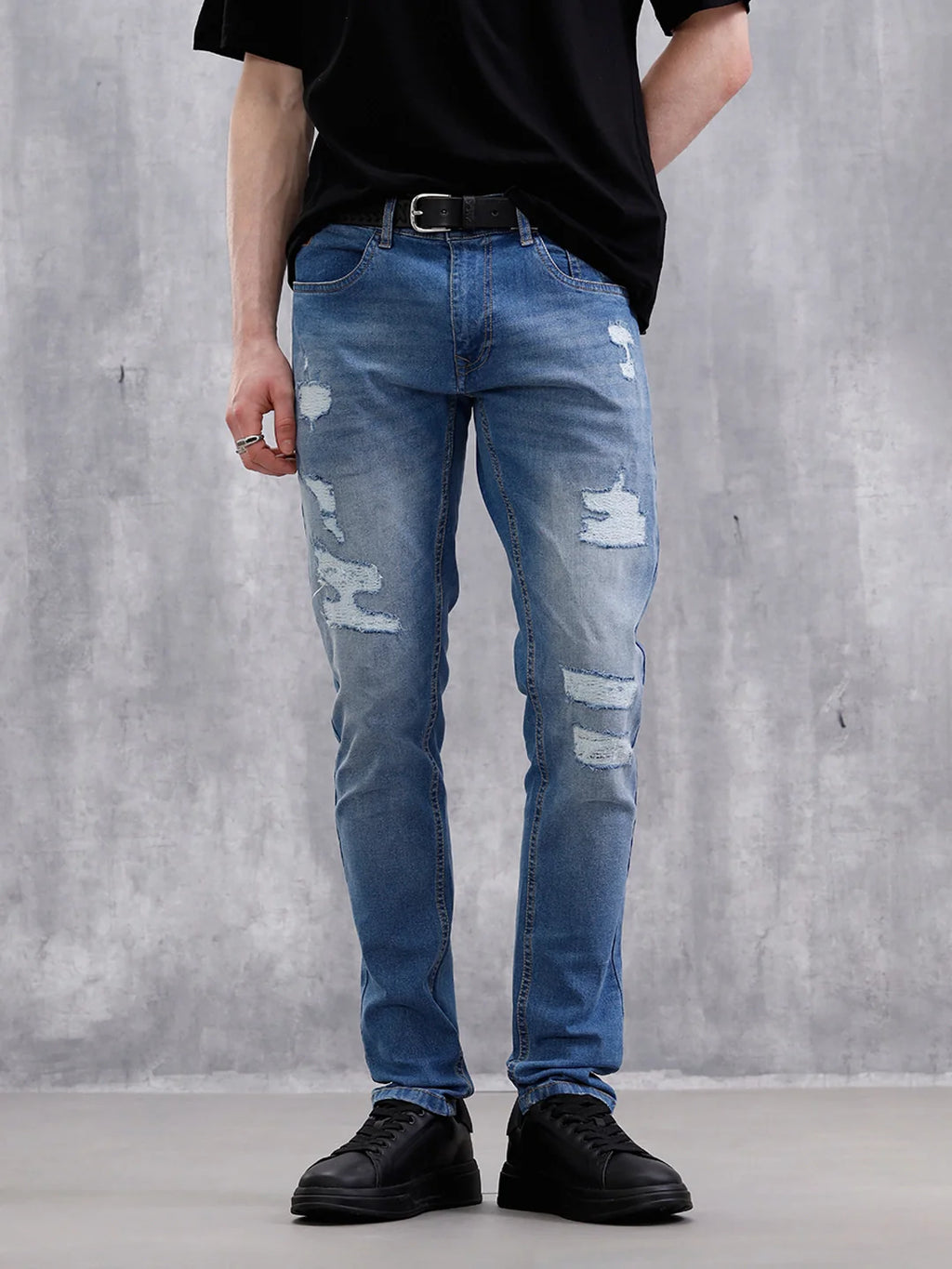 Heavy Distress Slim Tapered Jeans | Blue