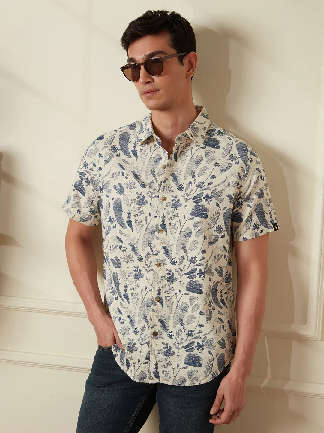 Textured Cotton Dobby AOP shirt | Navy Blue