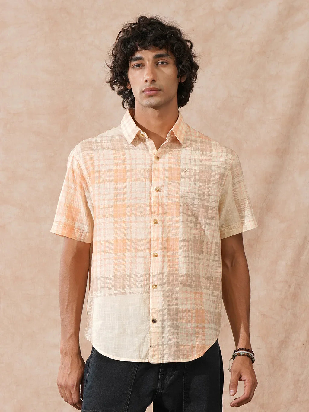 Printed Patchwork Shirt | Peach