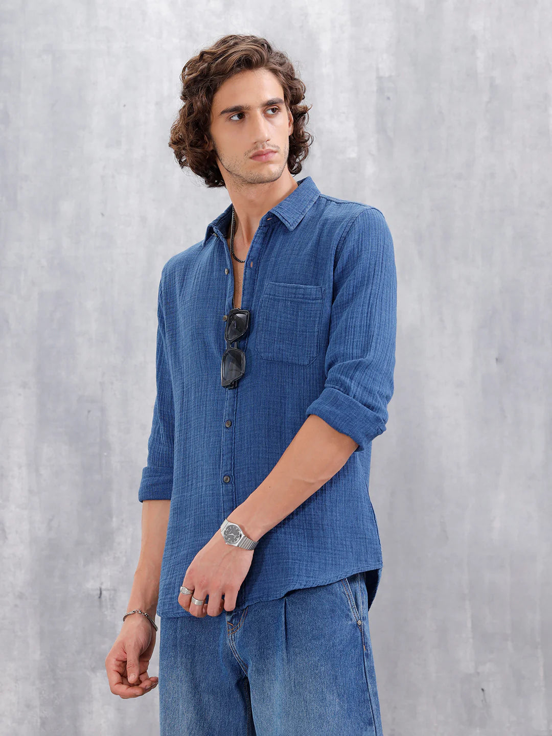 Indigo Double Cloth Slim Fit Shirt In Medium Wash | Blue