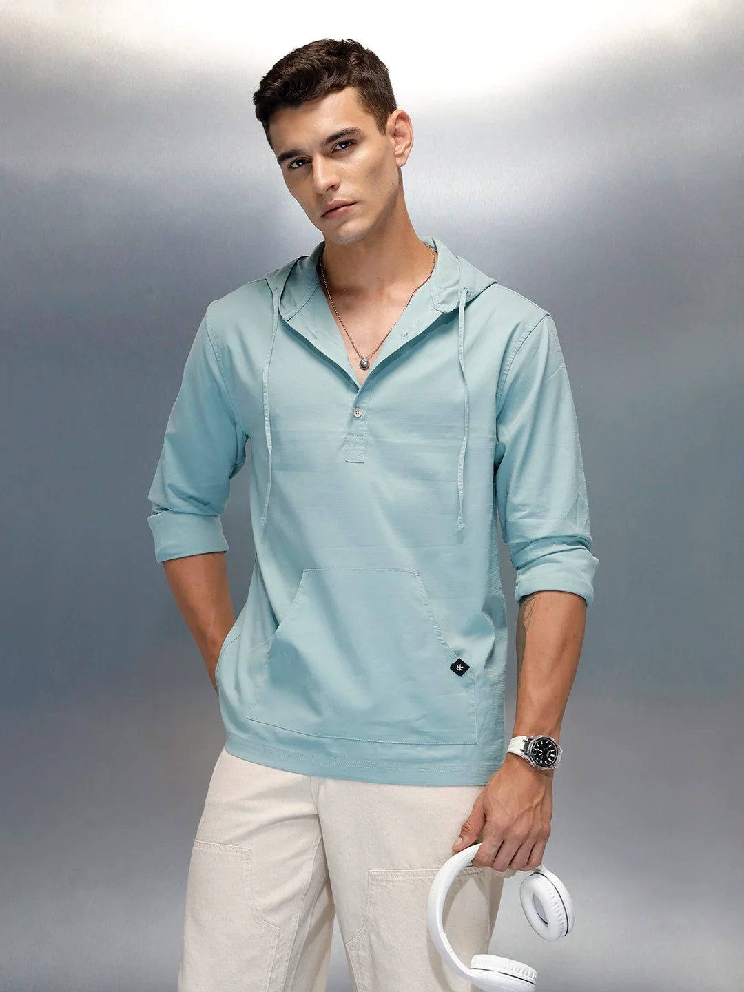 Men's Casual Regualr Fit Hooded Shirt With Patch Pocket | Green