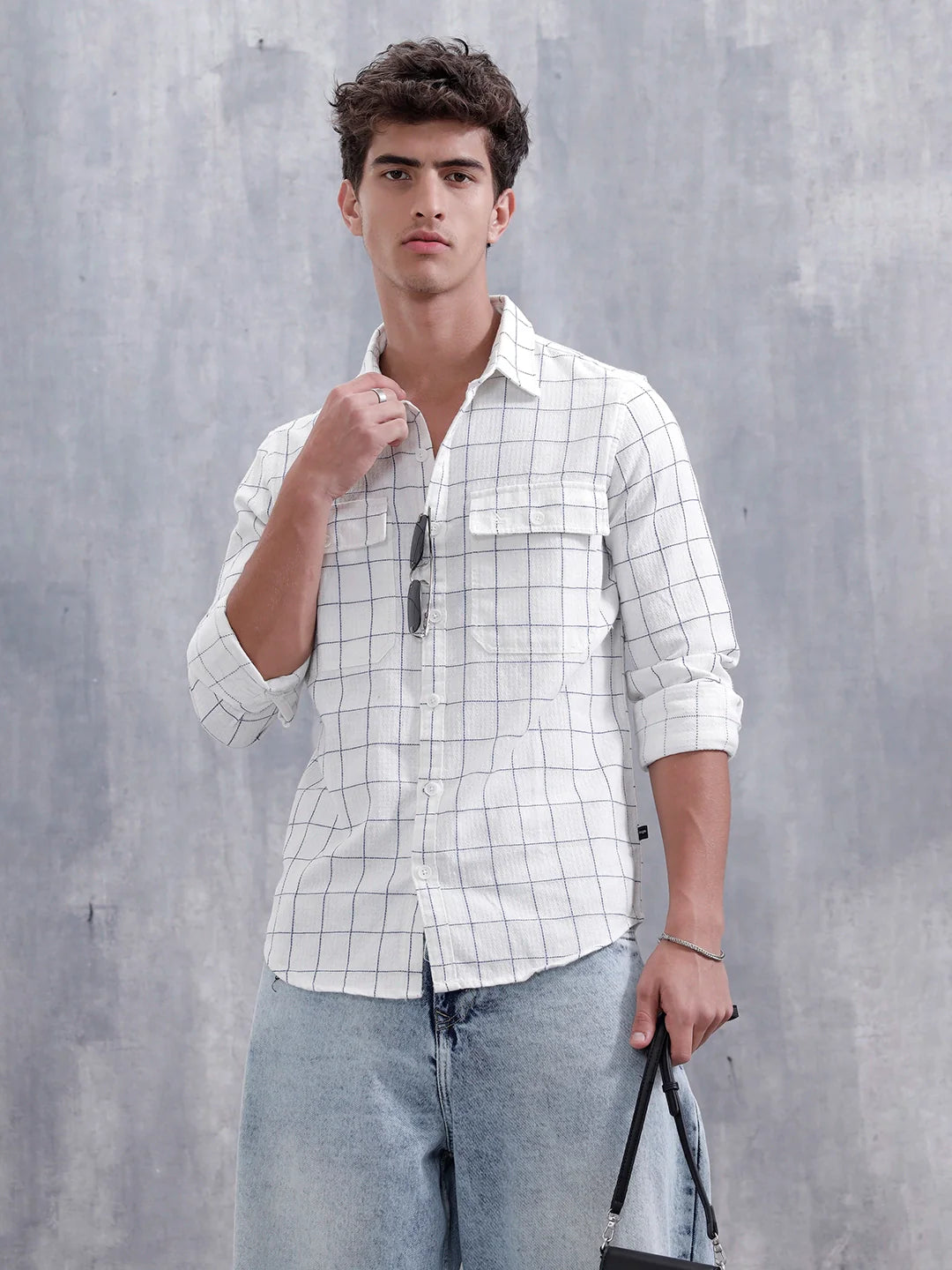 Regular Fit Double Pocket Checkered Shirt | White