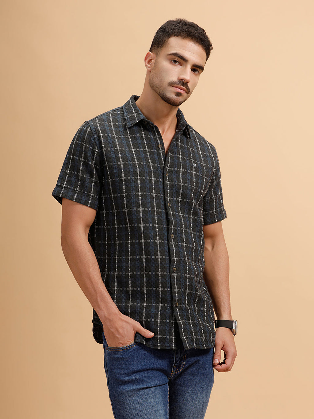 Textured Checks Short Sleeve Shirt | Black