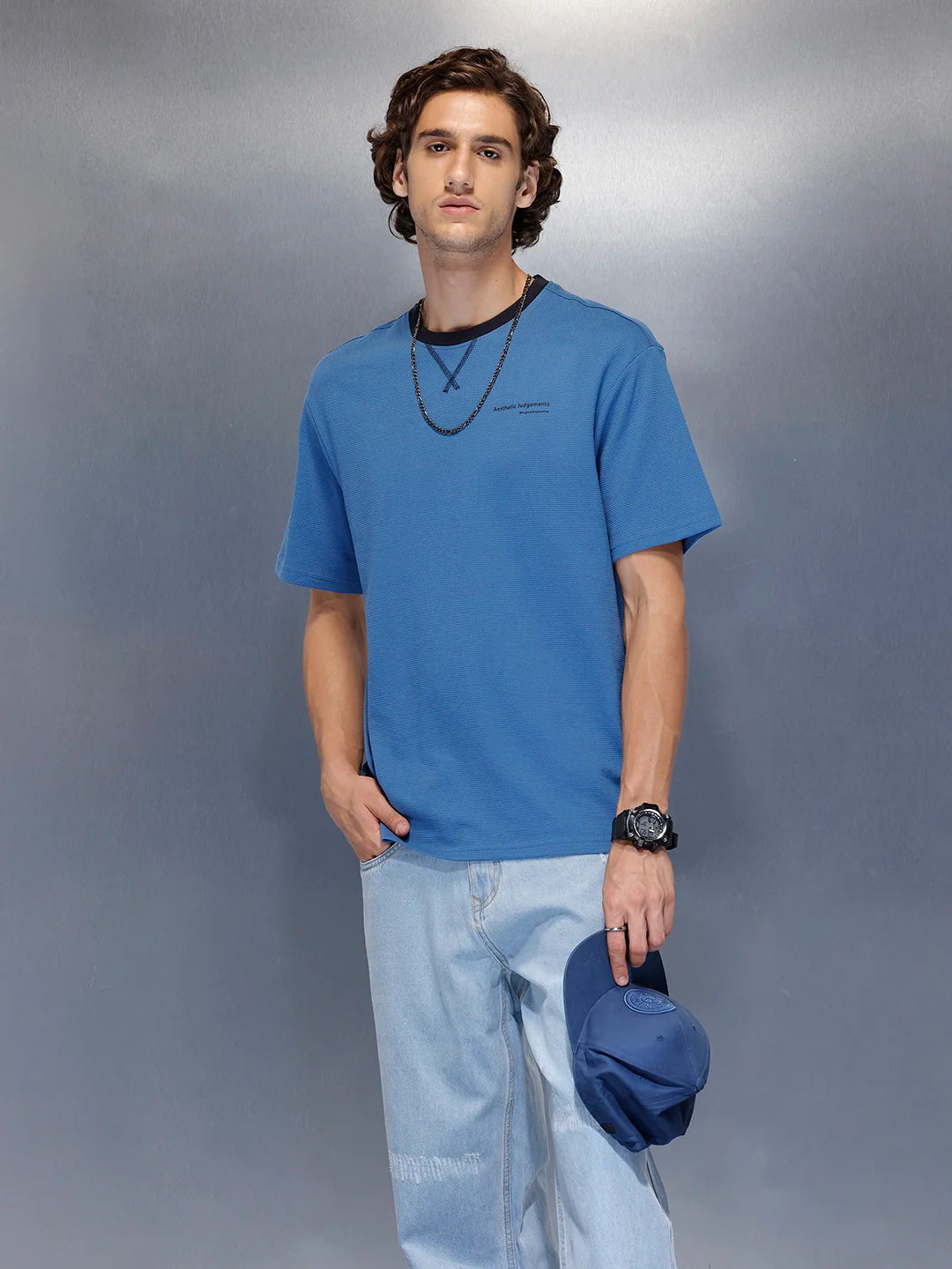 Men’s minimal oversized T-shirt with contrast neck | Blue