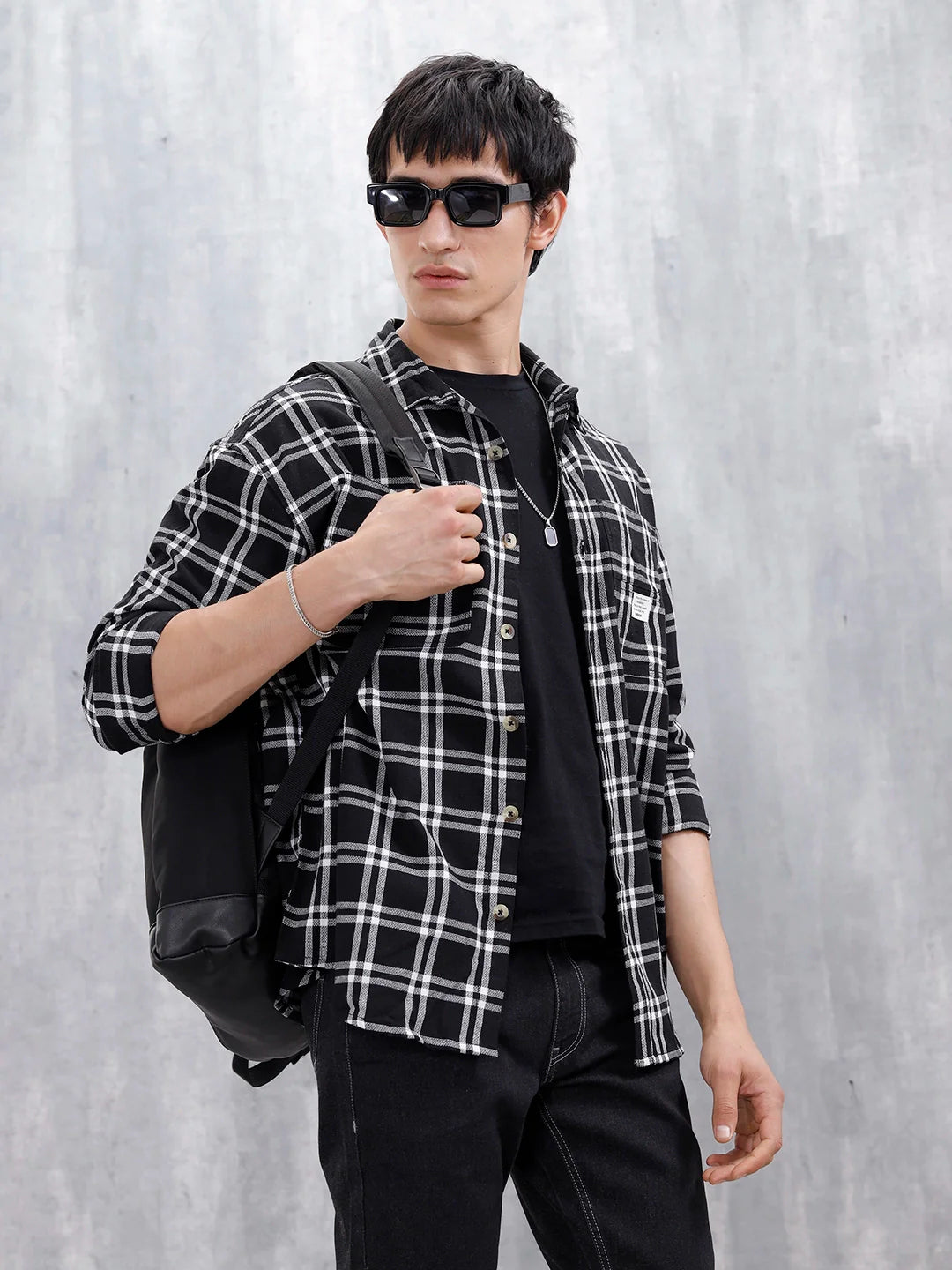 Casual Oversized Fit Checkered Pattern Shirt | Black