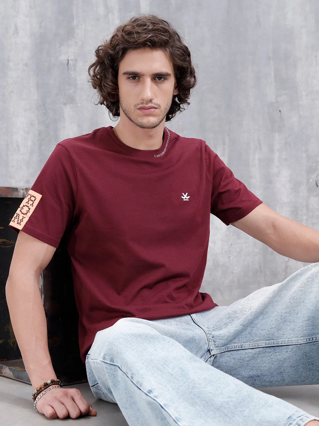 Contrast Stitch Slim Fit Cotton T-Shirt | Maroon