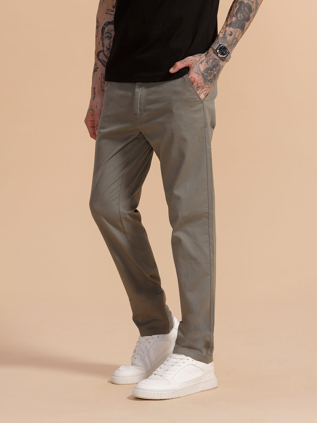 Cotton Blend Chino Trouser | Grey