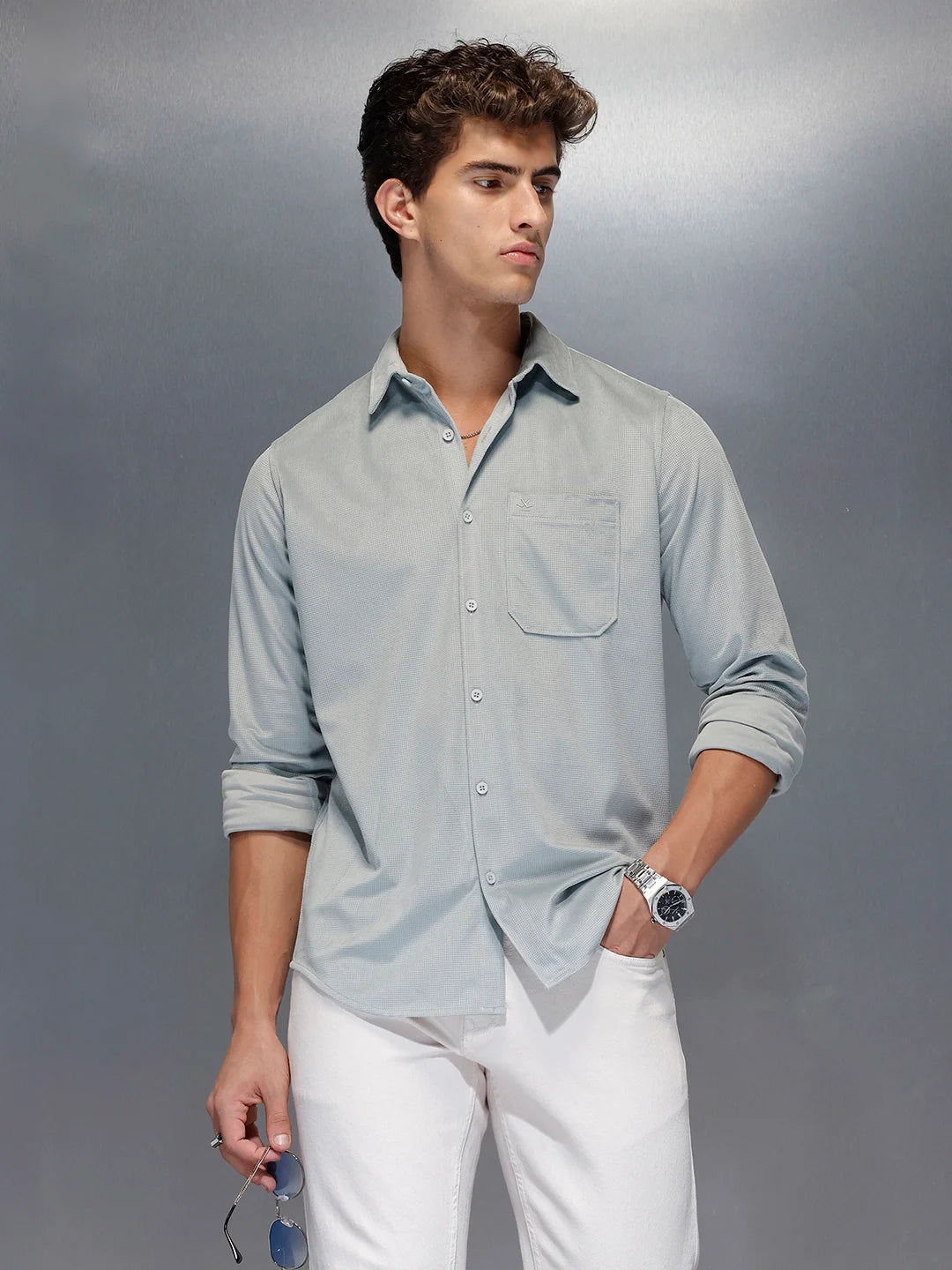 Minimal Textured Botton Down Shirt | Grey