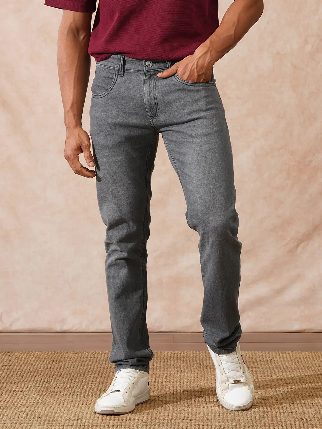 Solid Slim Tapered Jeans | Grey