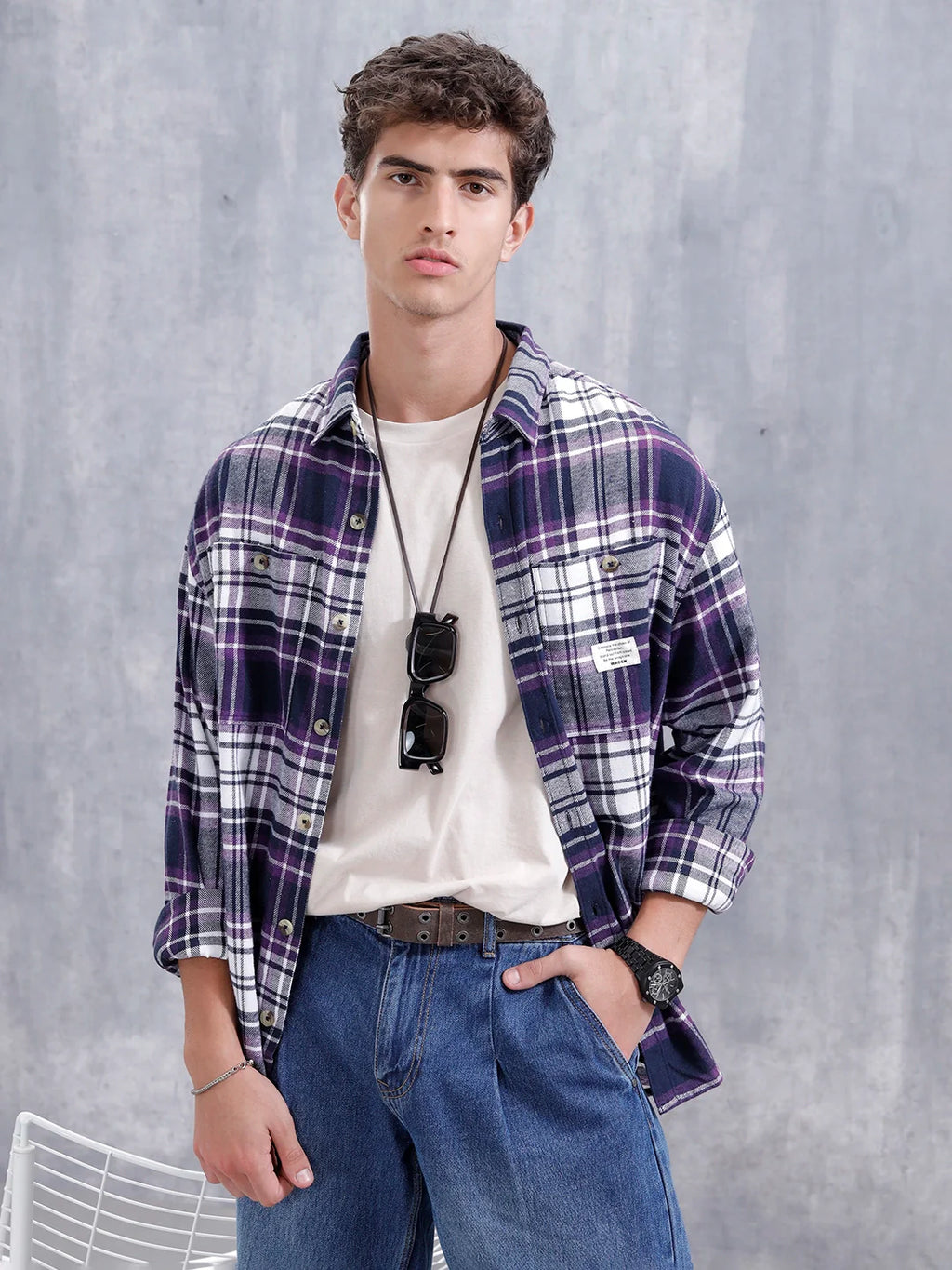 Checkered Pattern Double Pocket Shirt For Men | Purple