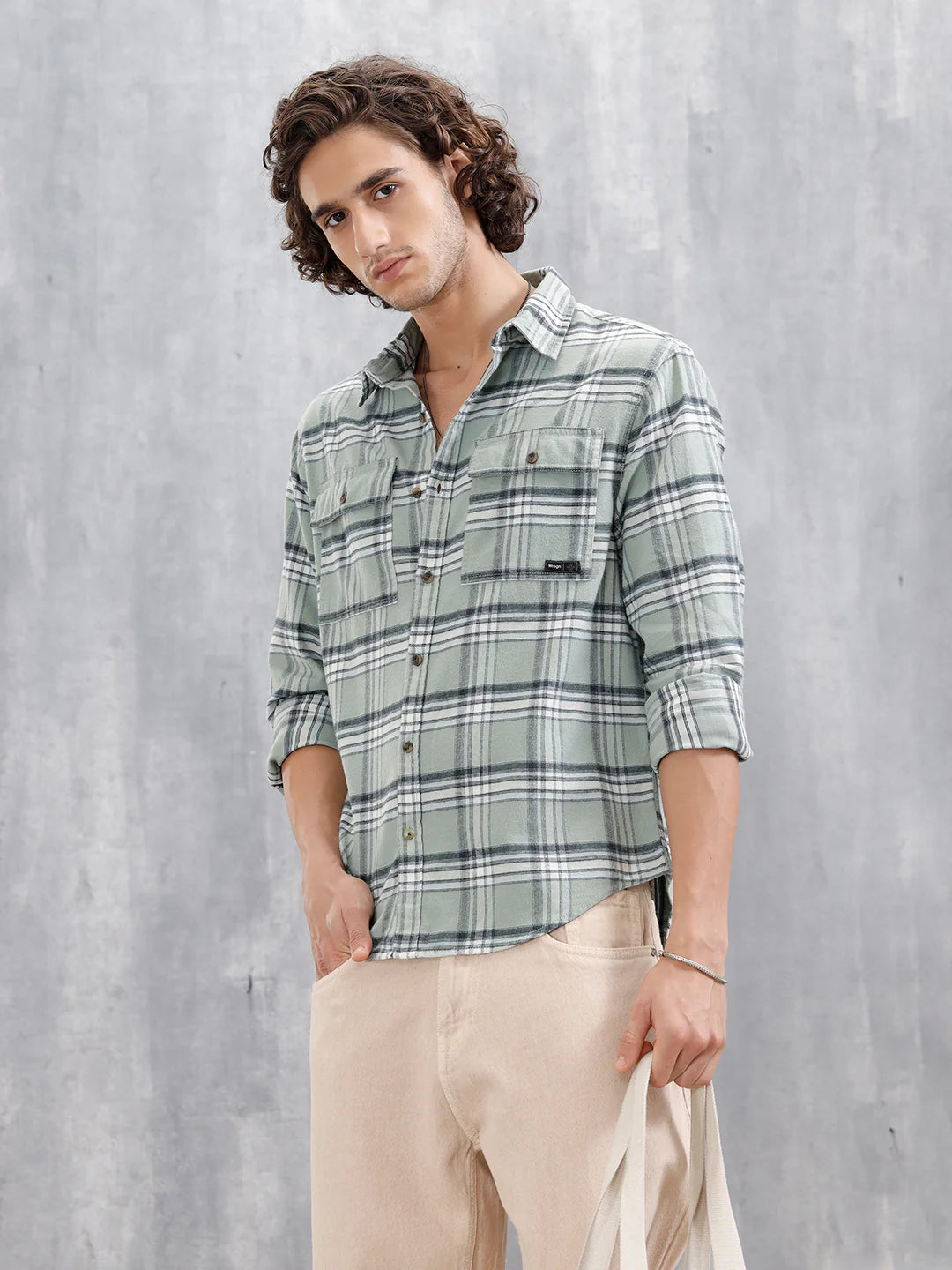 Comfort Fit Checkered Pattern Shirt With Double Pockets | Green