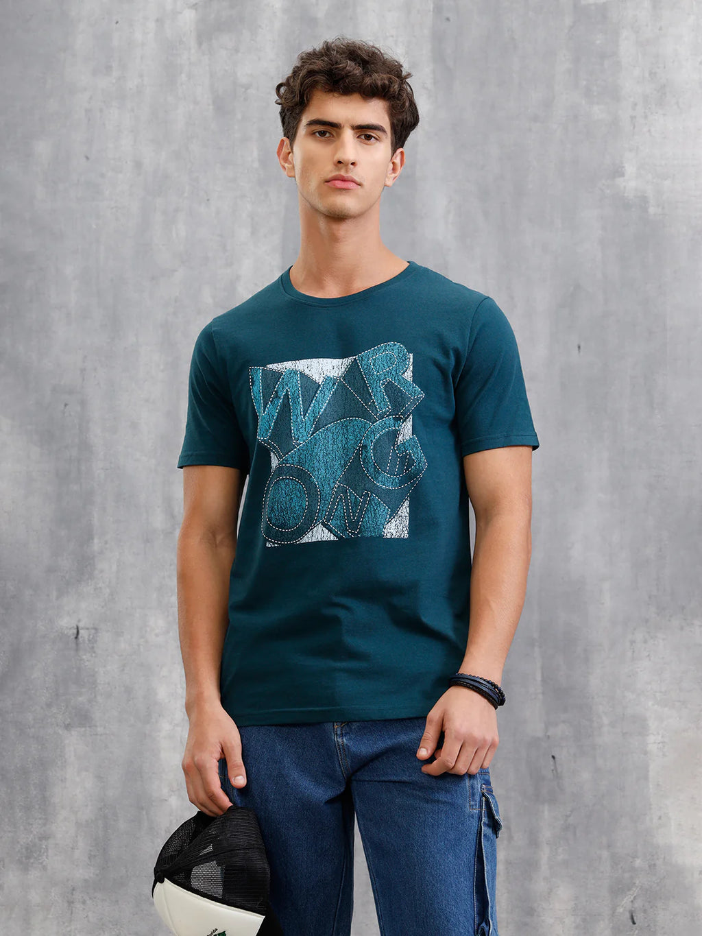 Denim Patchwork Inspired Chest Graphic T-Shirt | Teal