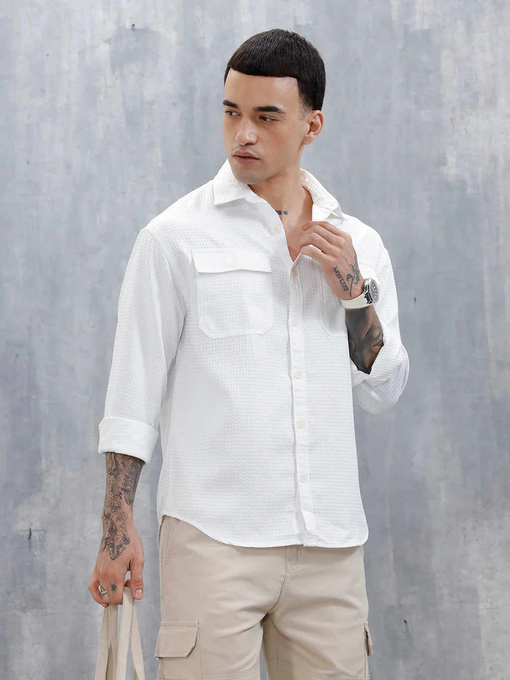 Wrogn Oversized Double Pocket Textured Shirt For Men's | Off White