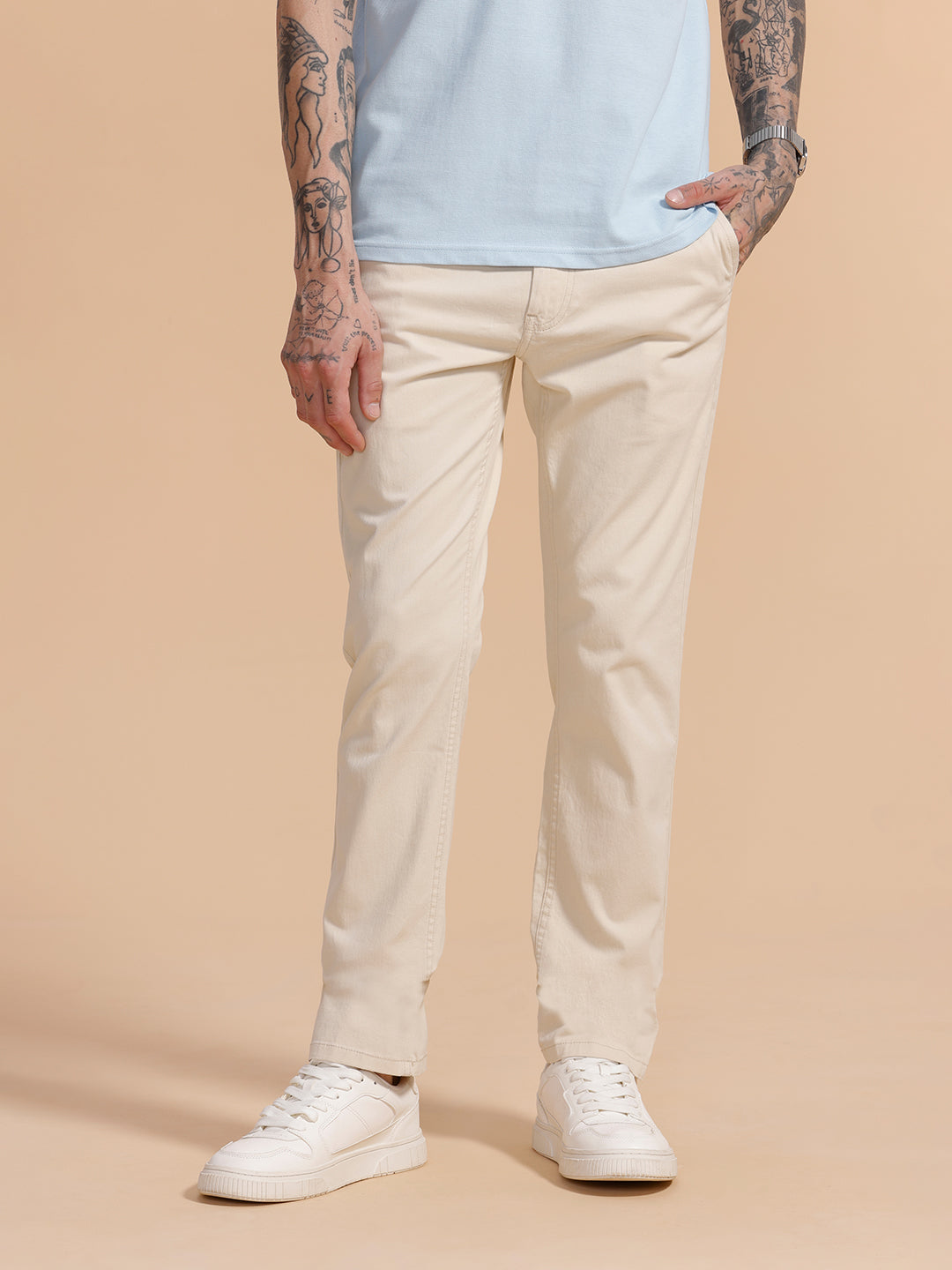 Cotton Blend Chino Trouser | Off White