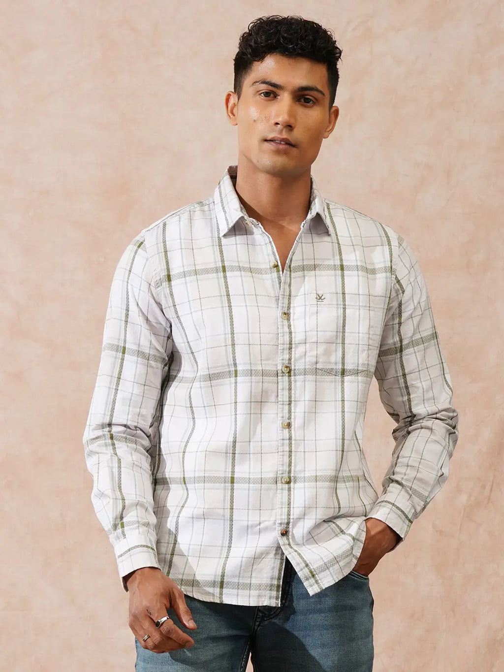Textured Checks Slim Fit Shirt | Beige