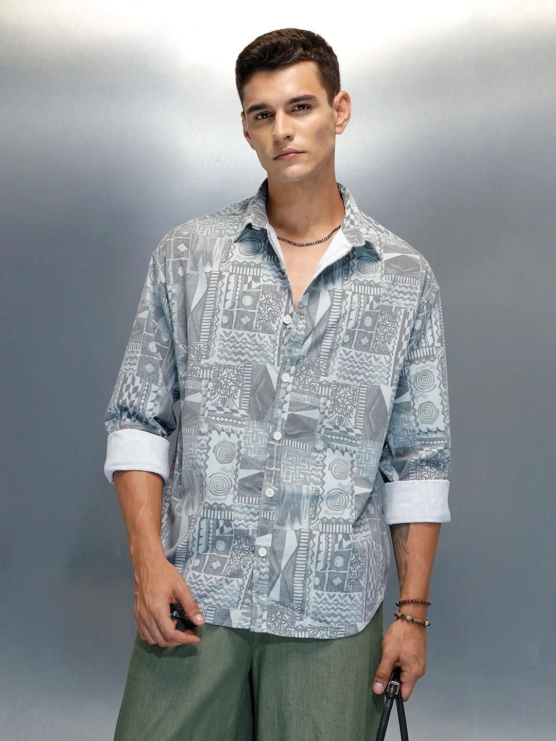 Wrogn Abstract Printed Oversized Fit Shirt | Grey