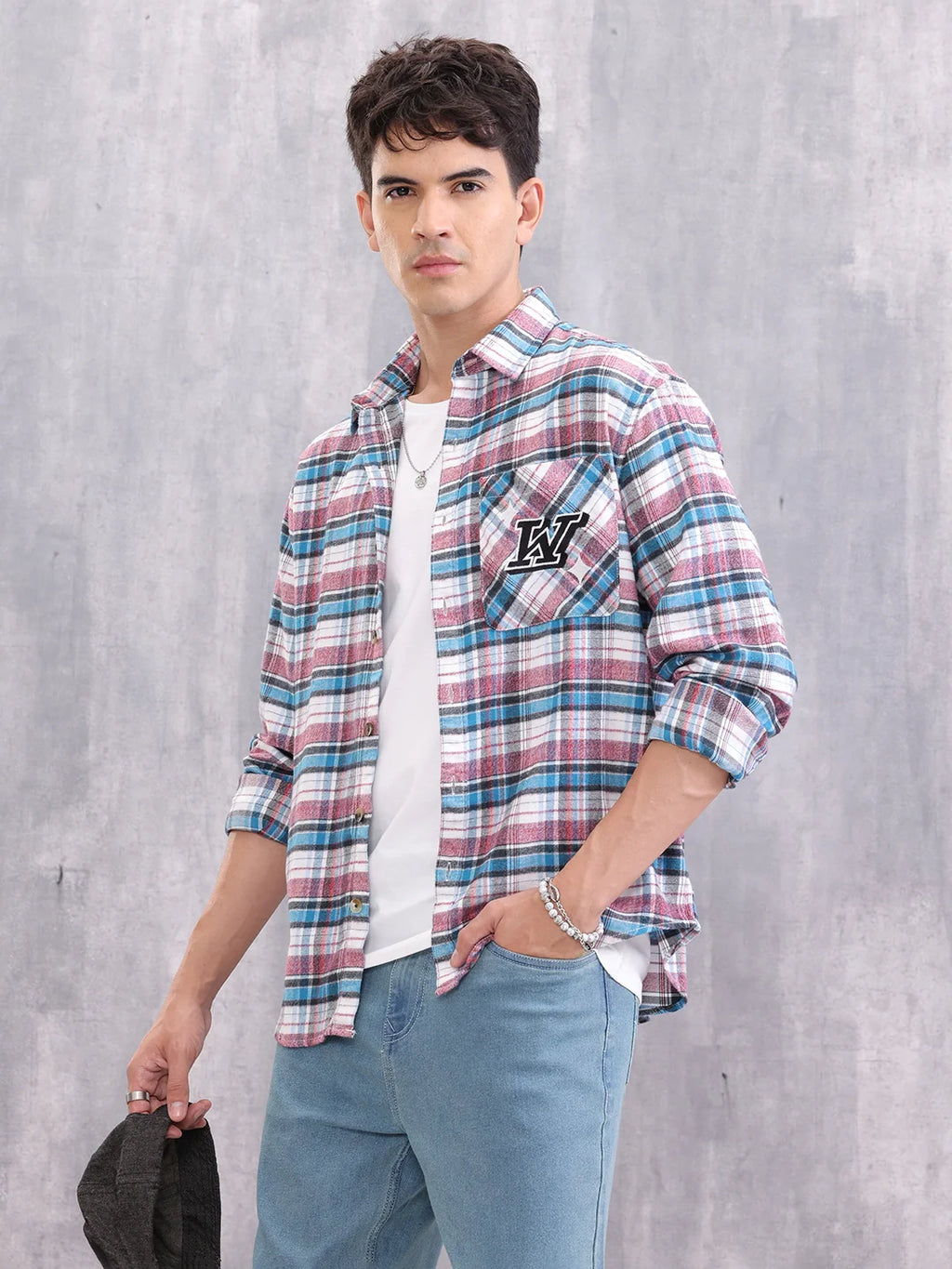 Textured Checkered Patchwork Shirt | Blue