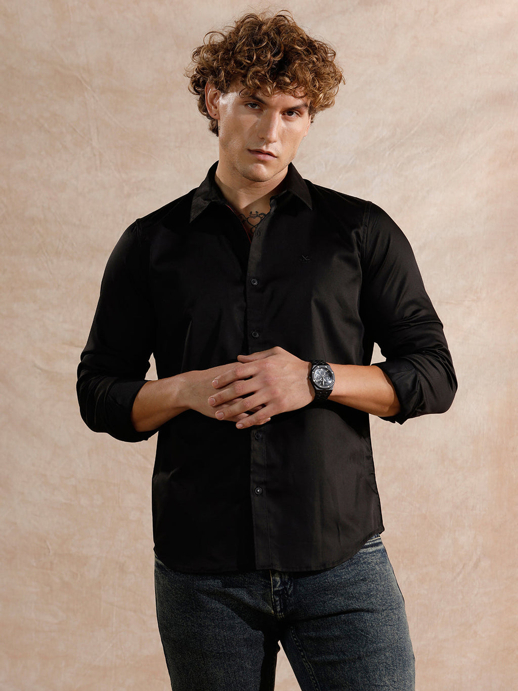 Solid Stretch Cotton Blend Shirt | Black