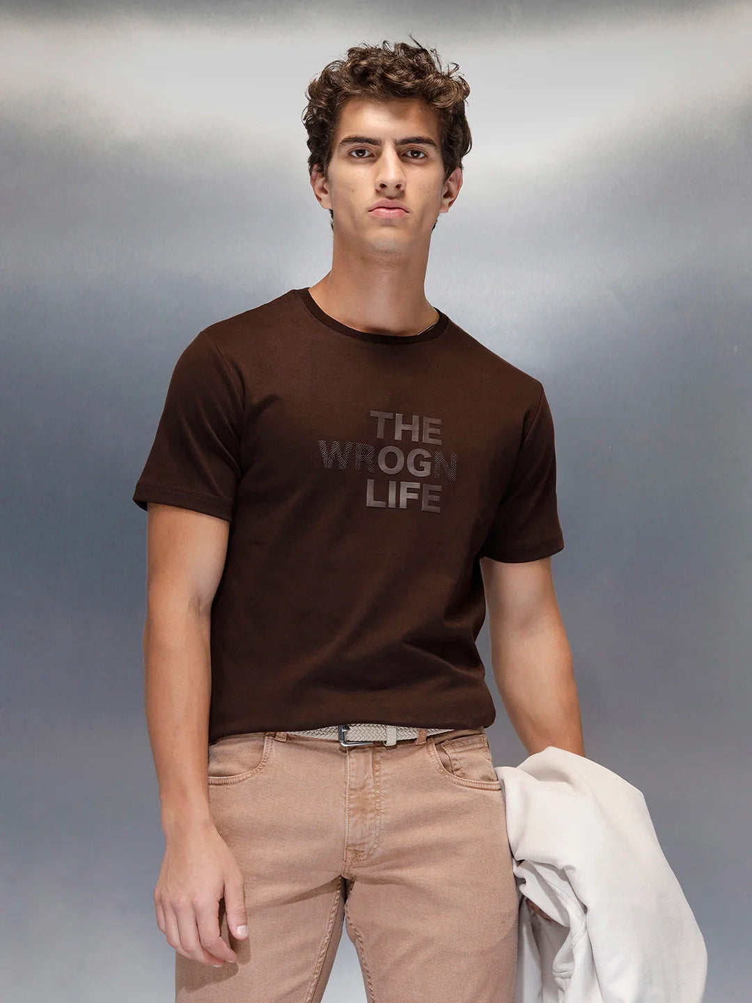 Men's Casual Slim Fit Tshirt with tonal 3D graphic print  | Brown