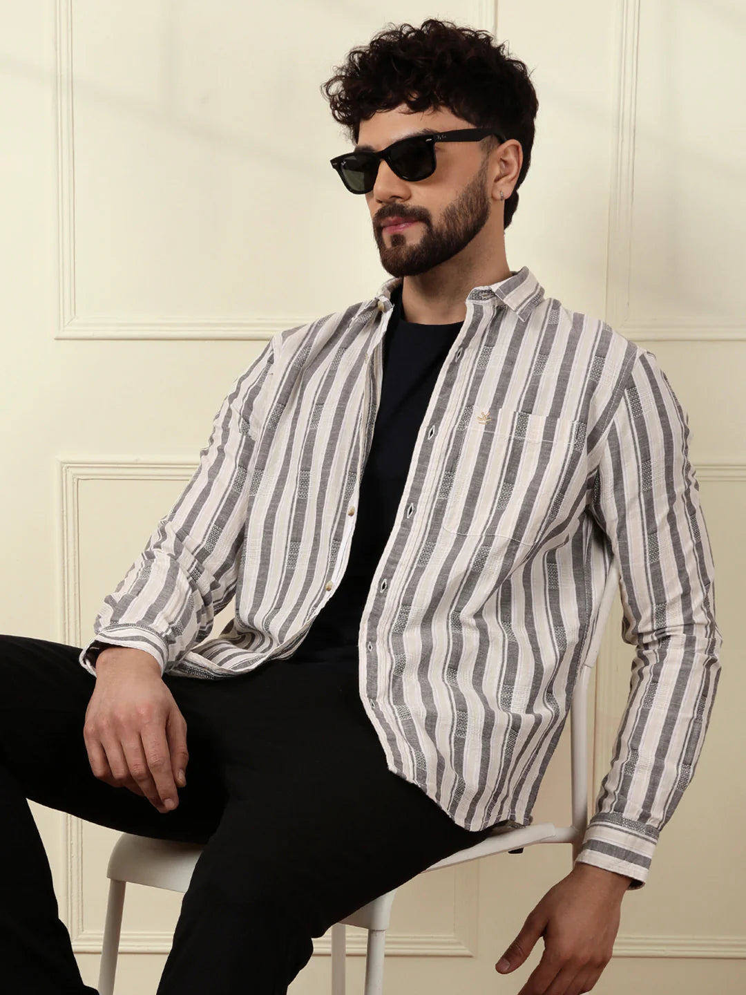 Textured Stripes Cotton Shirt | Grey