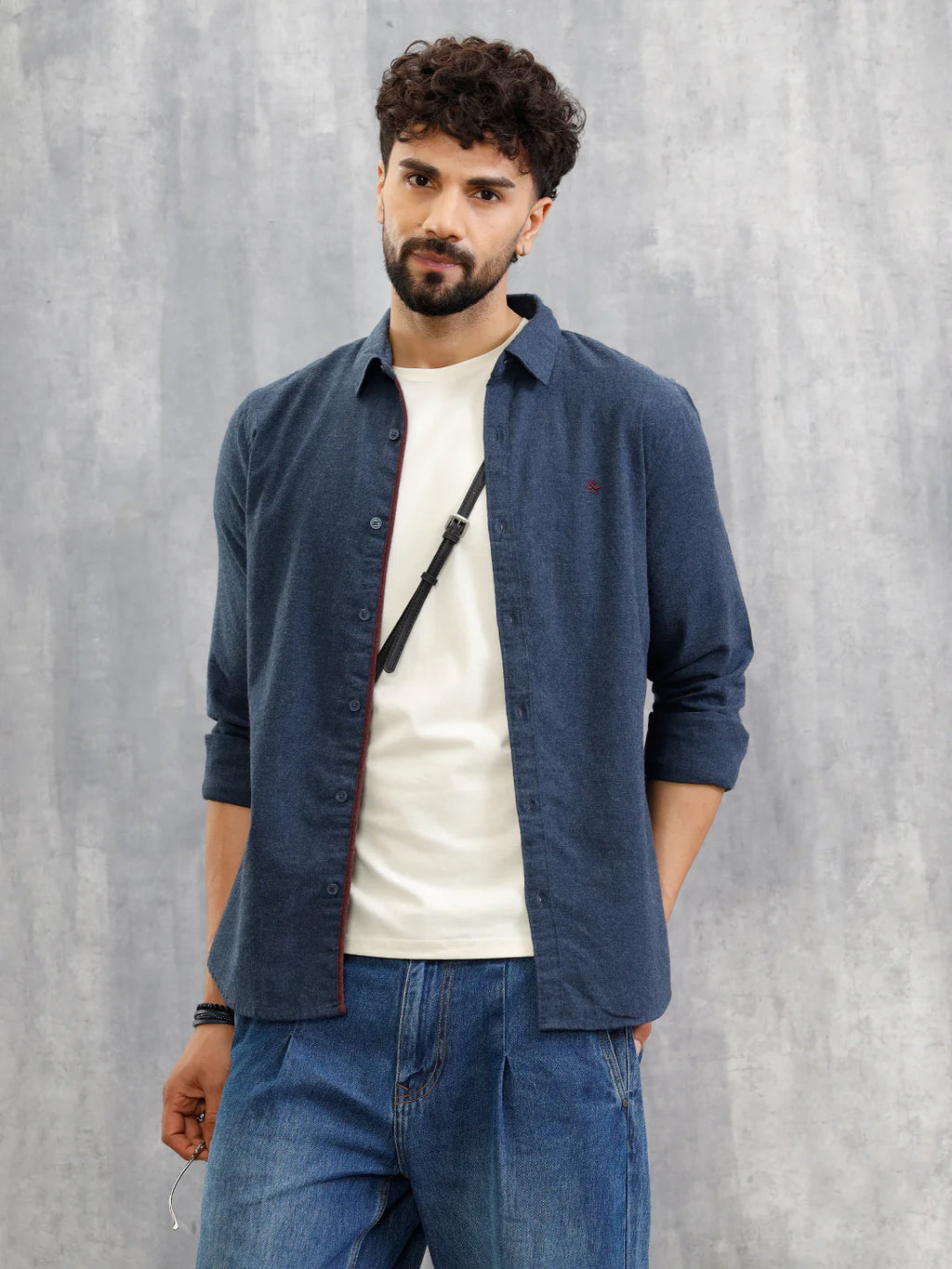 Melange Fabric Smart Shirt In Slim Fit  | Navy Blue