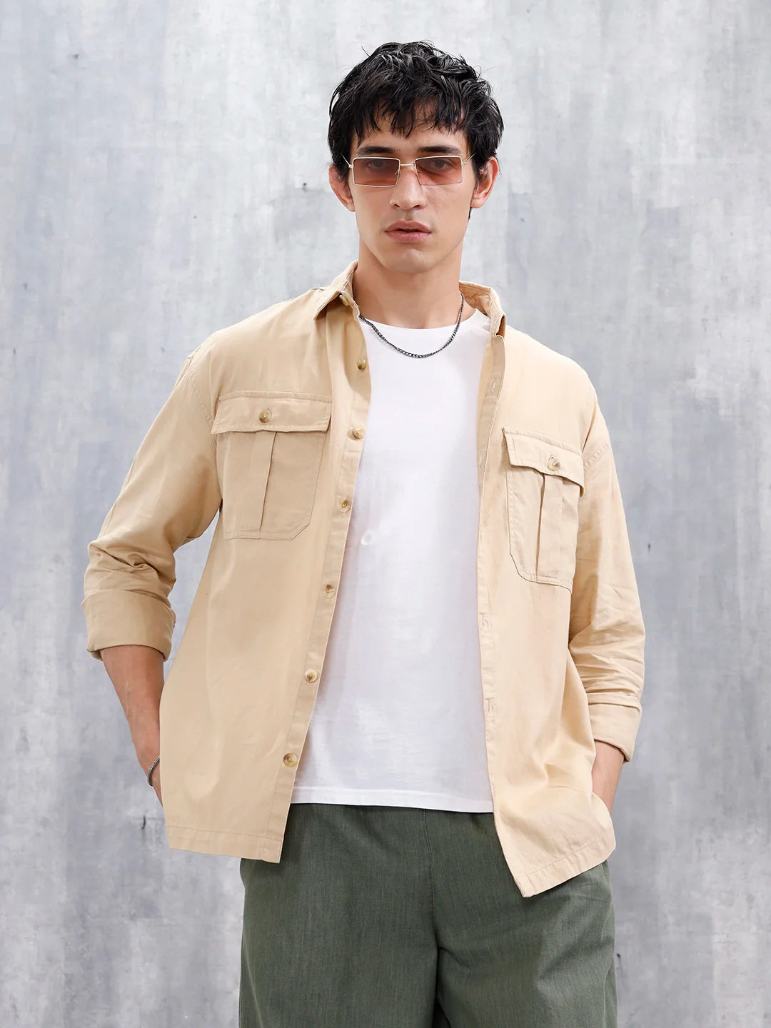 Oversized Fit Solid Shirt With Double Flap Pockets | Beige