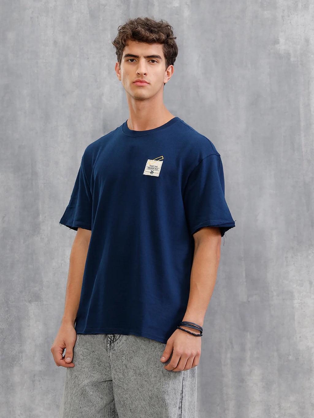 Solid Oversized T-Shirt With Printed Canvas Patch And Raw Edge Detail  | Navy Blue