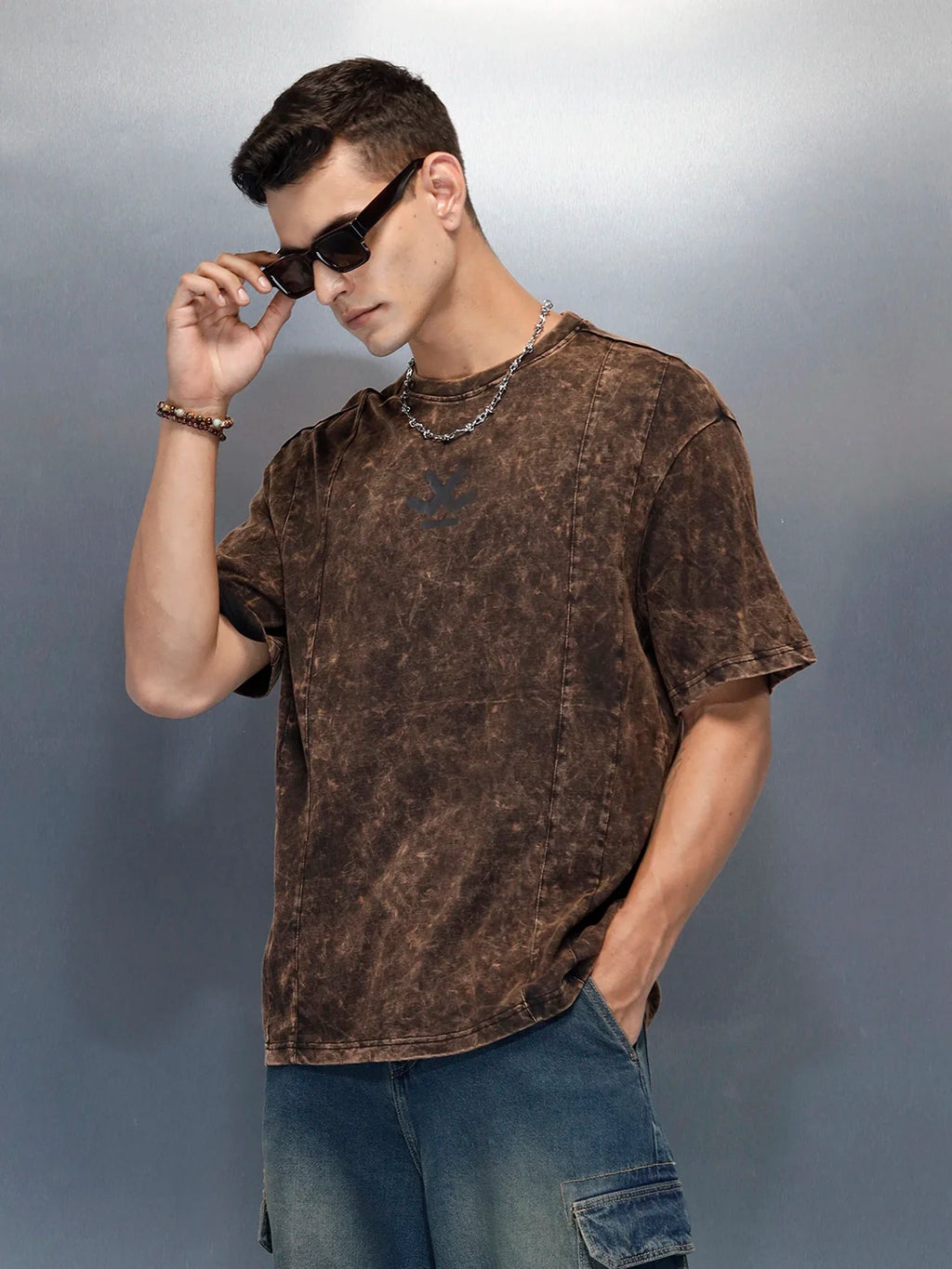 Acid Washed Oversized Fit Worgn Printed T-Shirt | Black