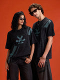 Washed Cut& Sew Graphic Printed Oversized Fit T-Shirt | Black