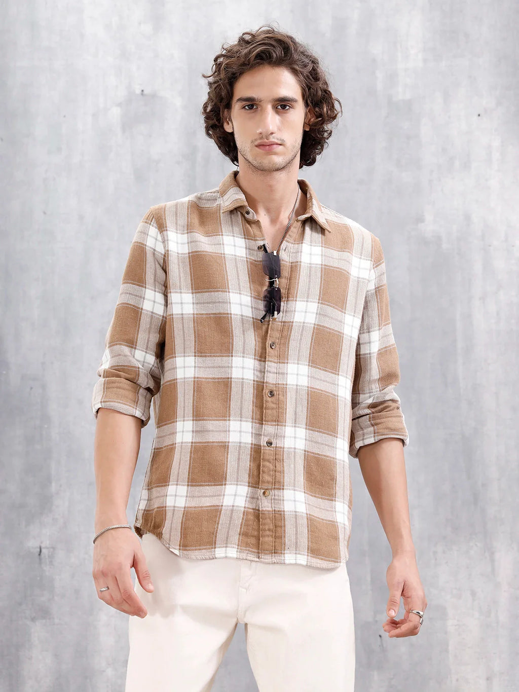 Double Layered Check Slim Fit Shirt | Brown