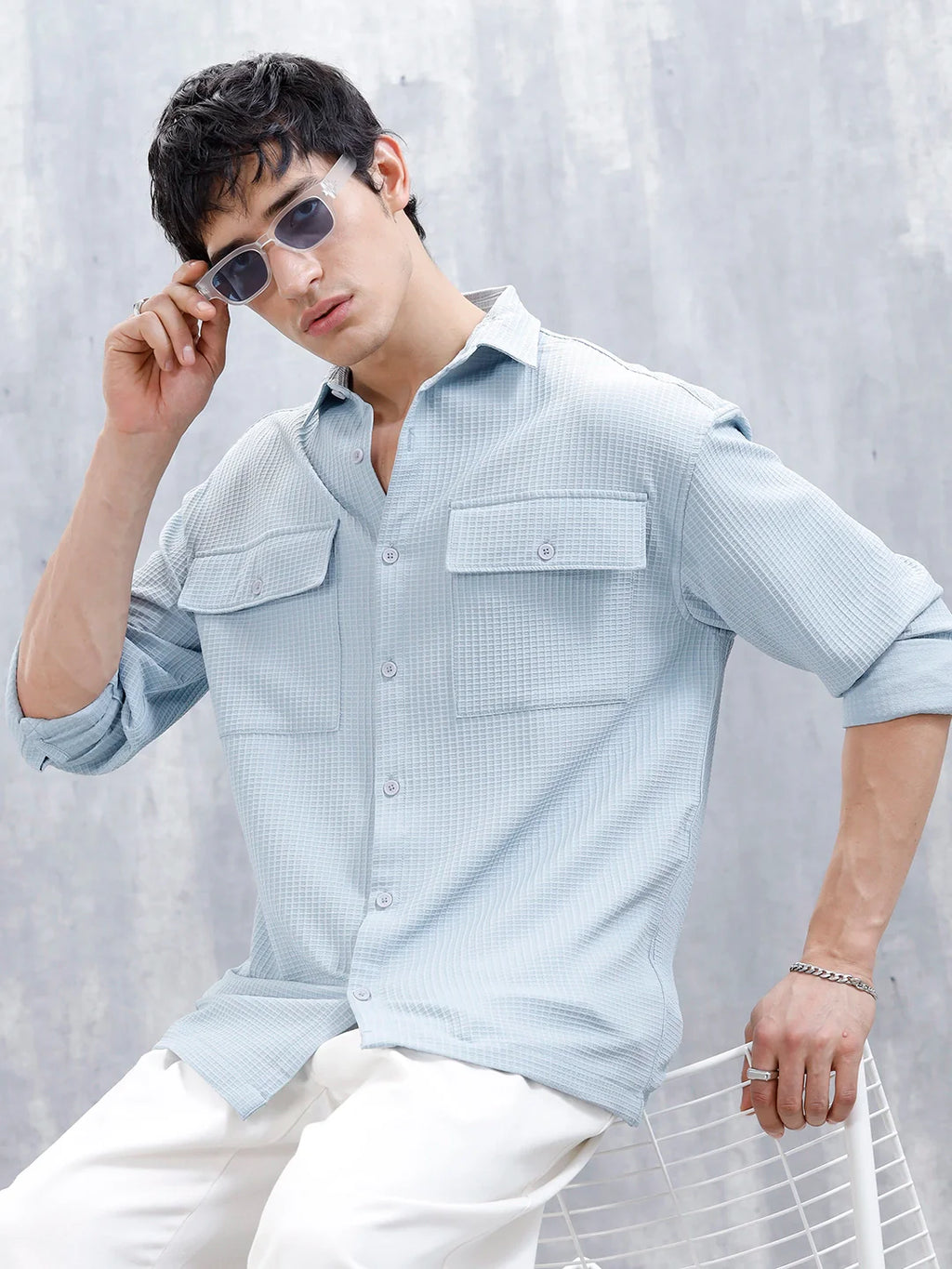 Wrogn Oversized Textured Short Sleeve Shirt With Utility Pockets | Blue