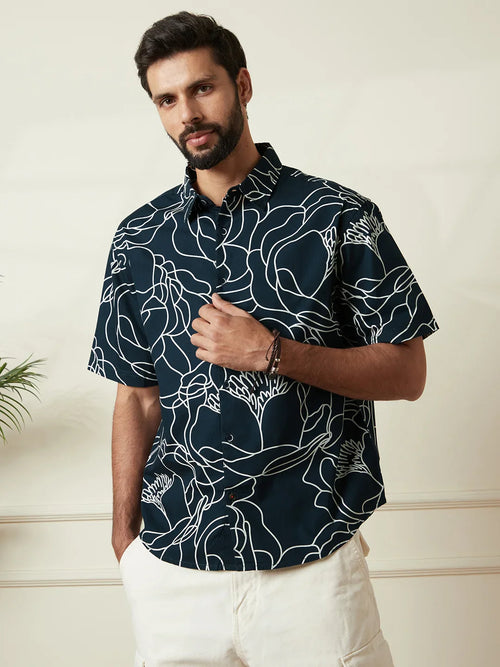 Abstract Floral Print Shirt | Navy Blue