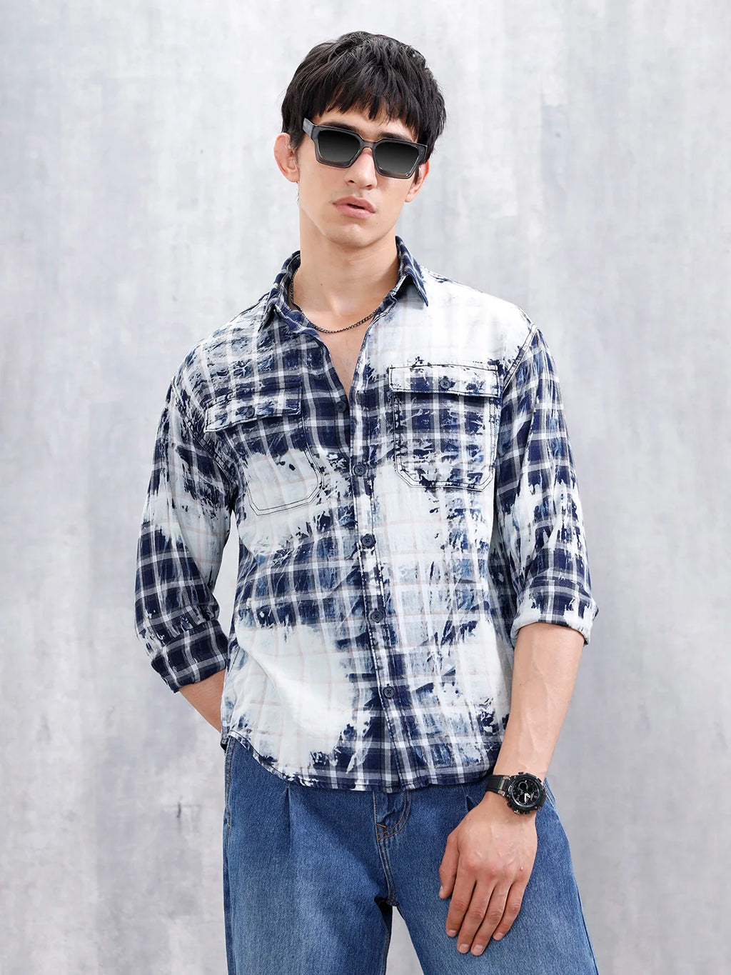 Distressed Plaid Check Shirt With Pockets | Blue