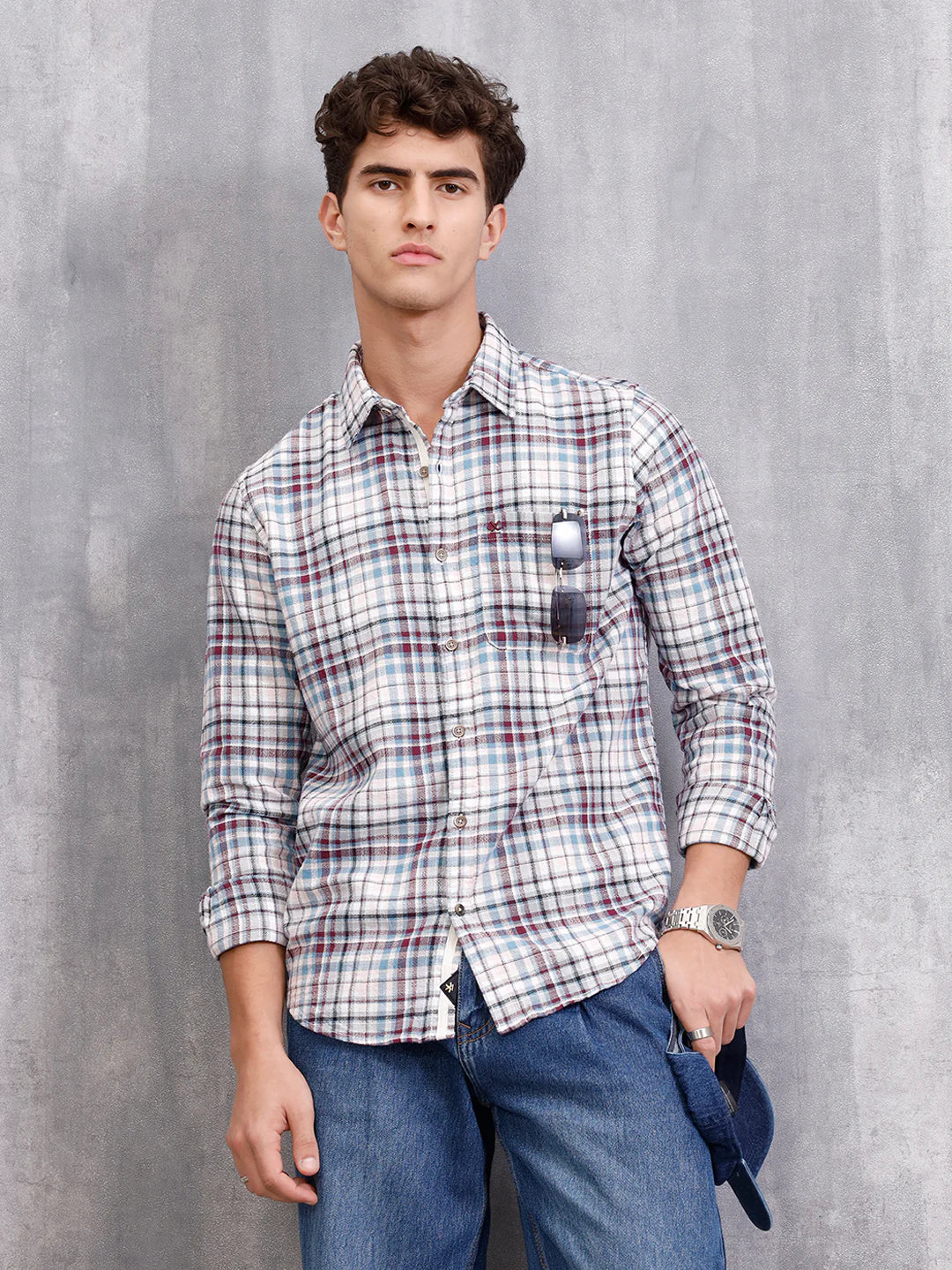 Slim Fit Check Shirt In Special Slub Weave | Wine