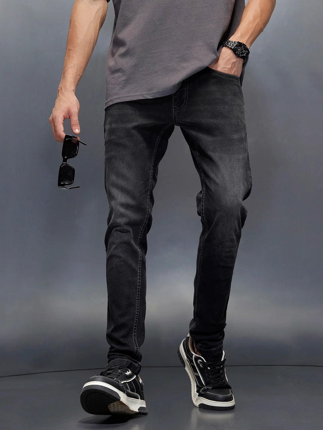 Wrogn Men's Slim Tapered Fit Jeans | Grey