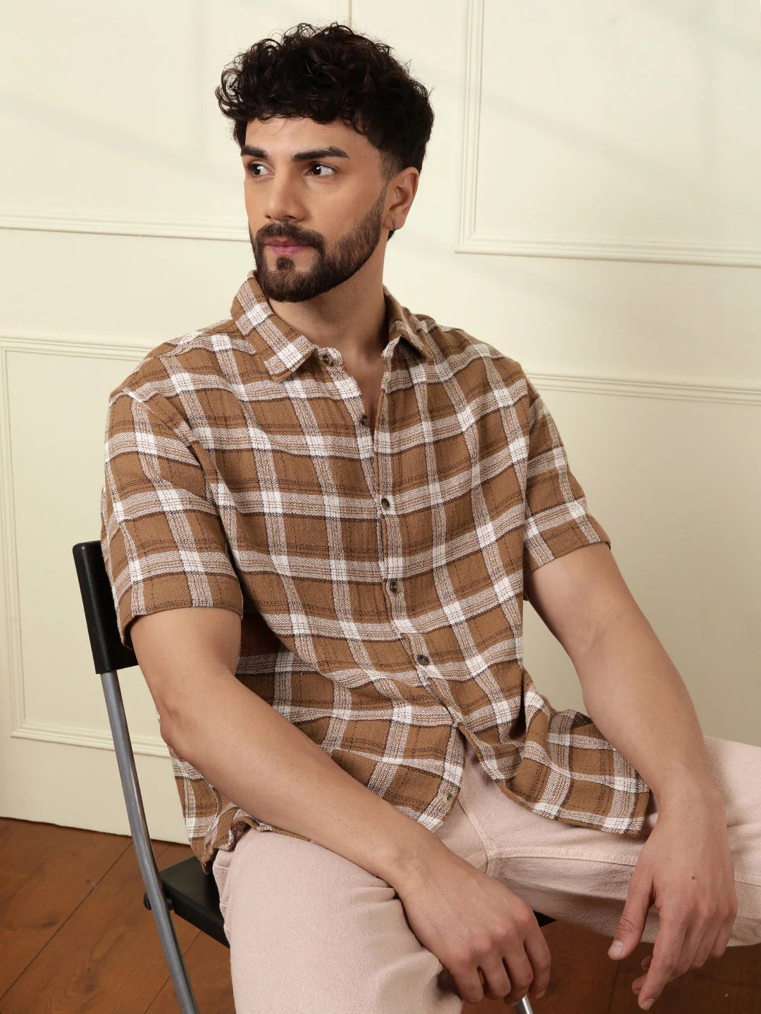 Checked Short Sleeve Textured Shirt | Brown