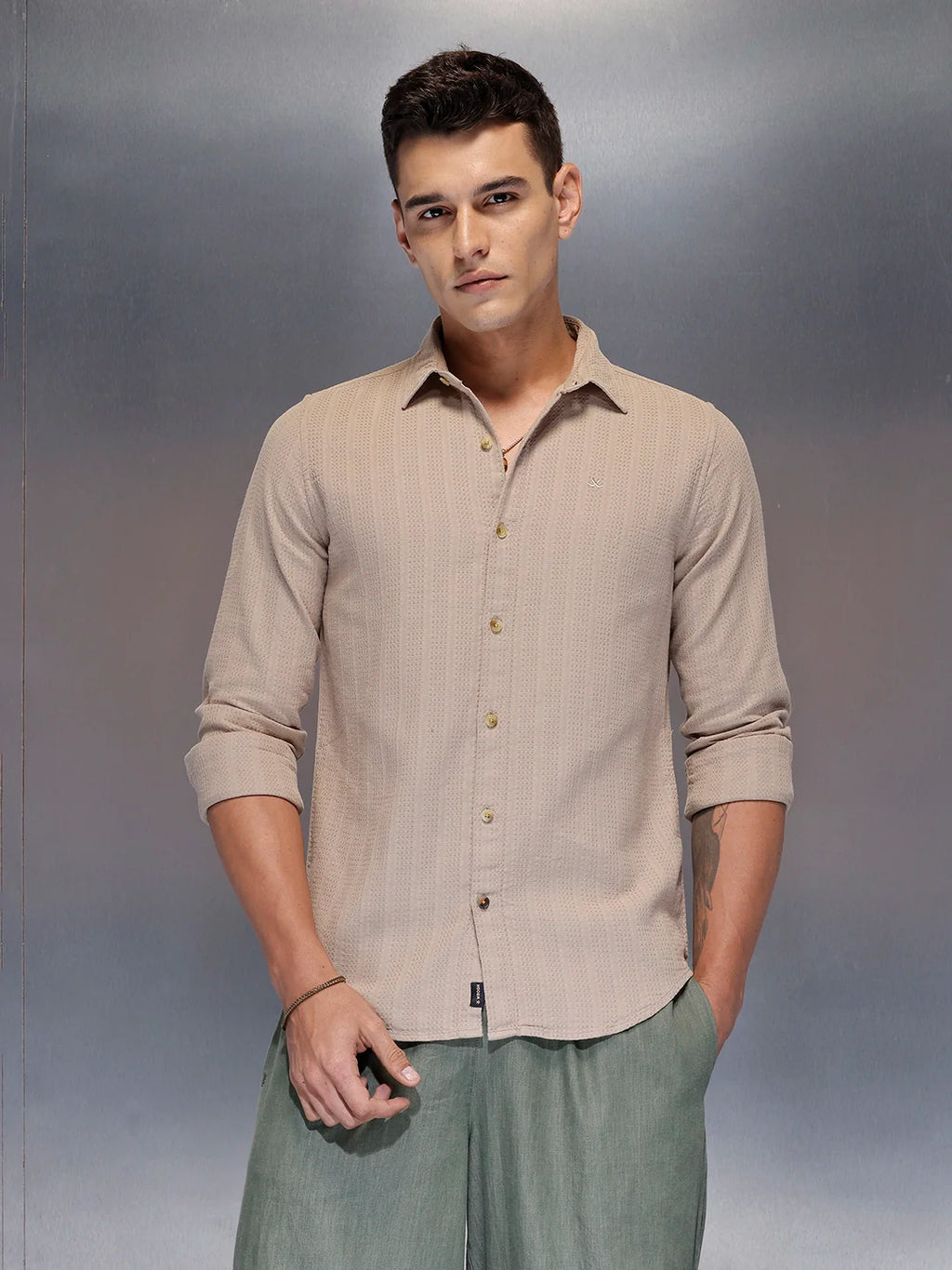 Men's textured full sleeve shirt with subtle pattern | Beige