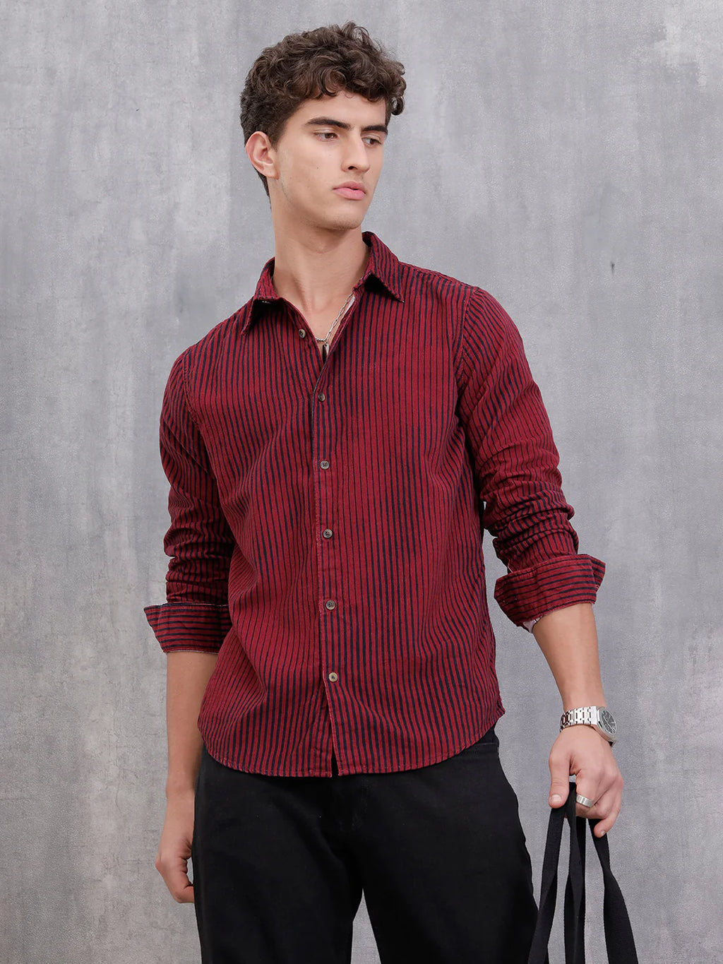 Corduroy Lenticular Stripe Print Shirt | Dark Maroon