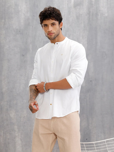 100% Cotton Solid Mandarine Collar Shirt I White