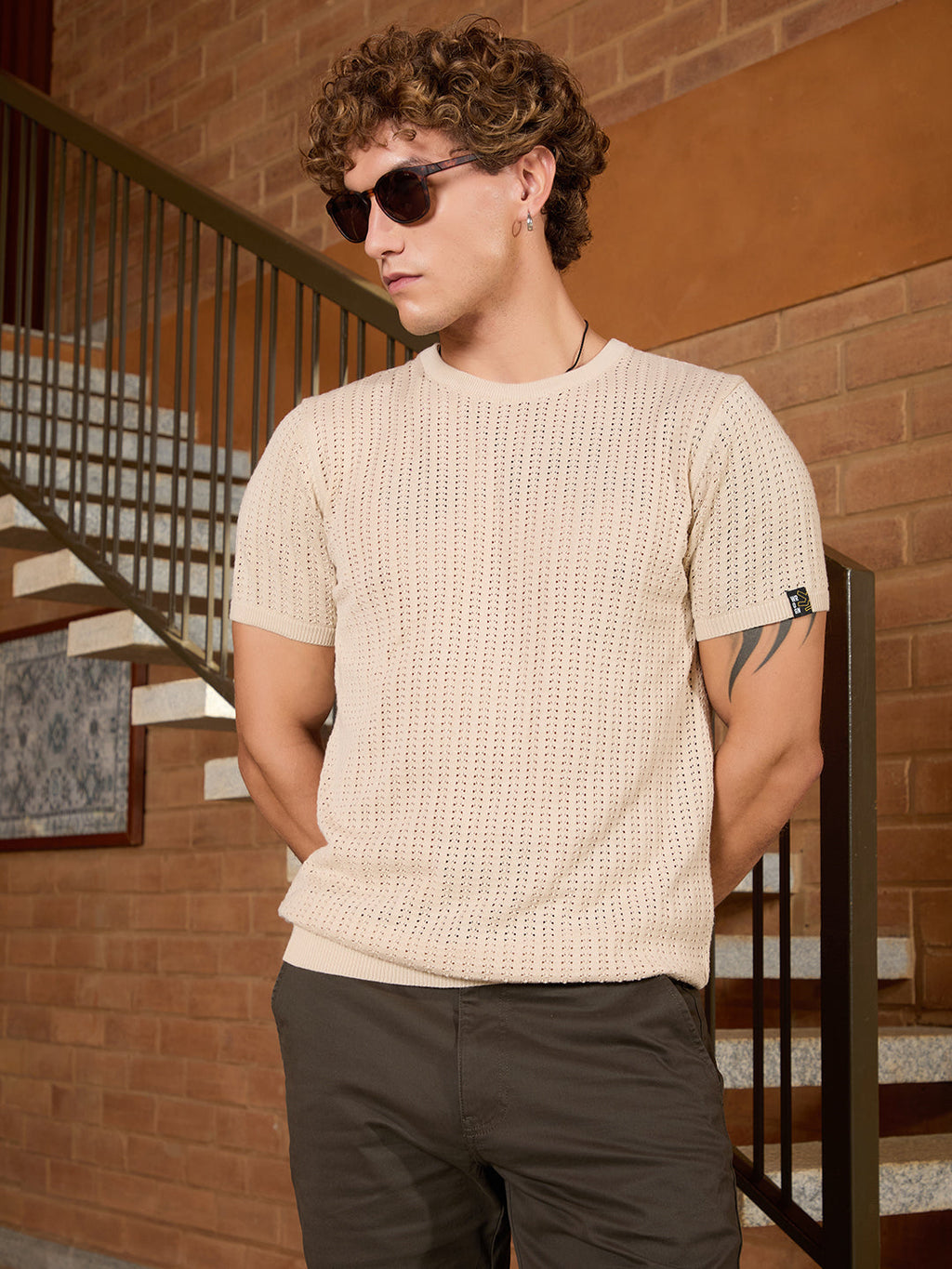 Flat Knit Slim Fit T-Shirt | Beige