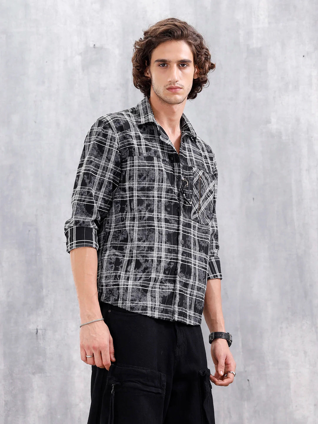Wash Printed Overshirt With Chenille Yarn Check | Black