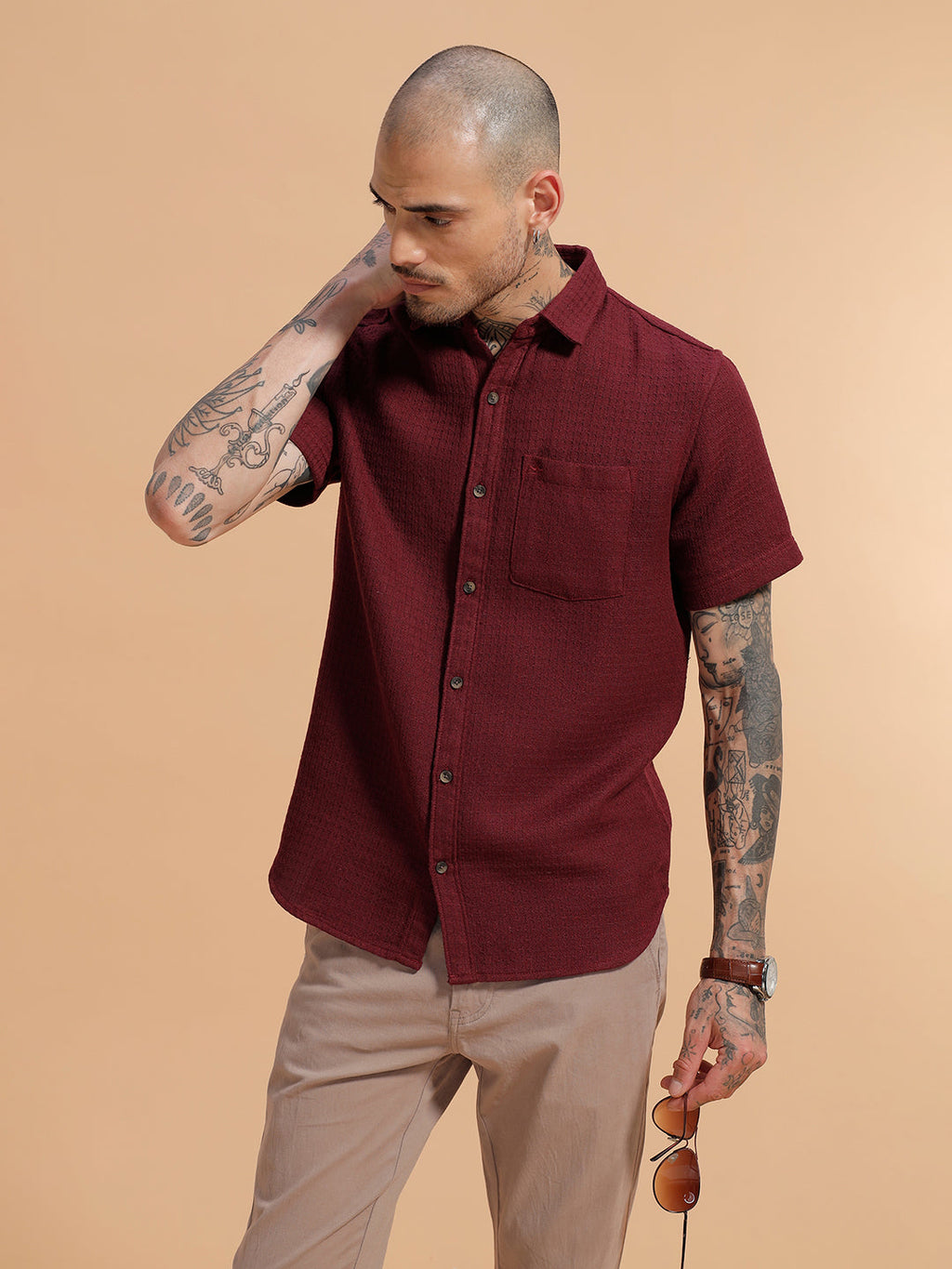 Textured Short Sleeve Shirt | Maroon