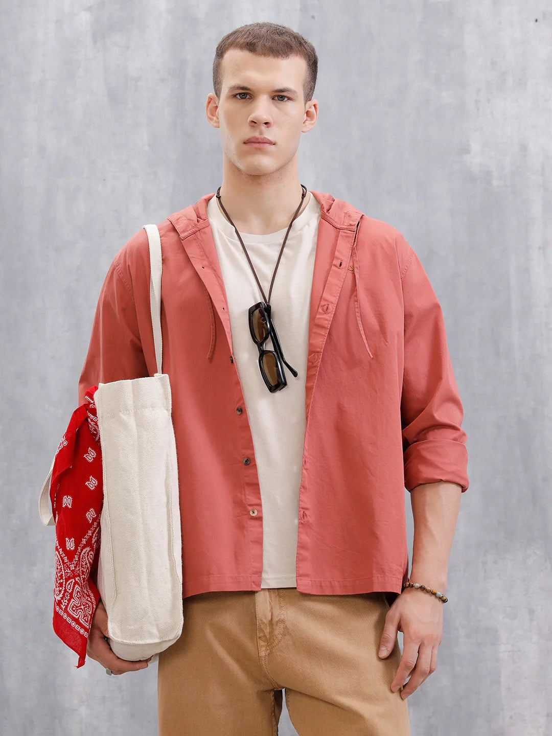 Cotton Twill Hoded Shirt | Pink