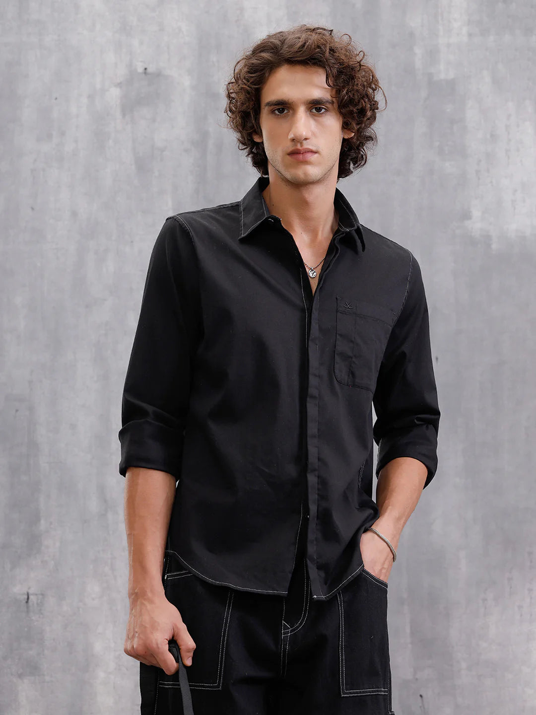 Contrast Stitch Royal Oxford Solid Shirt | Black