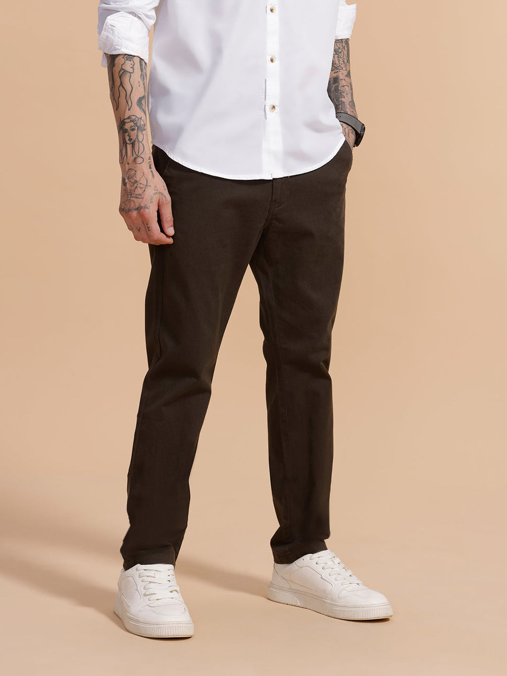 Cotton Blend Chino Trouser | Dark Green