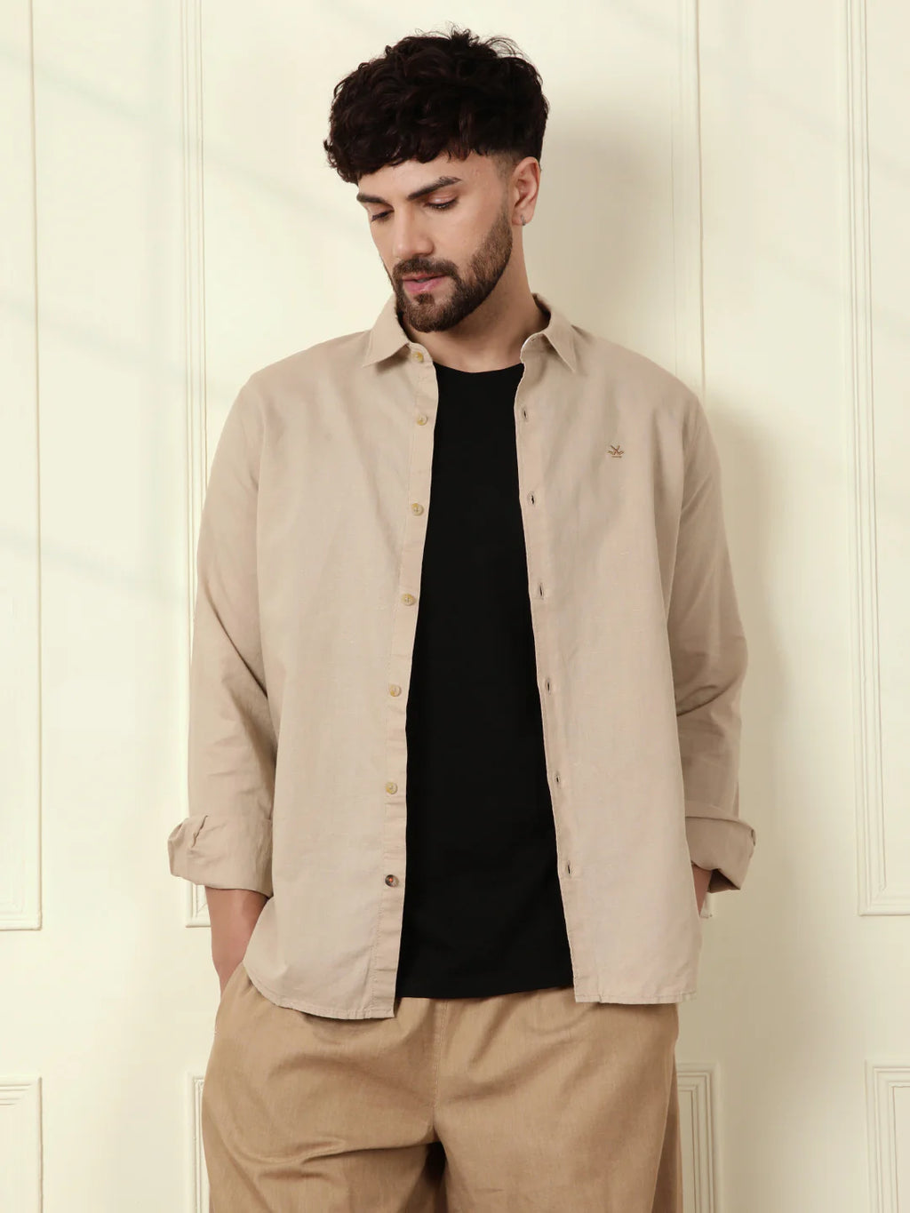 Solid Linen Blend Shirt | Khaki